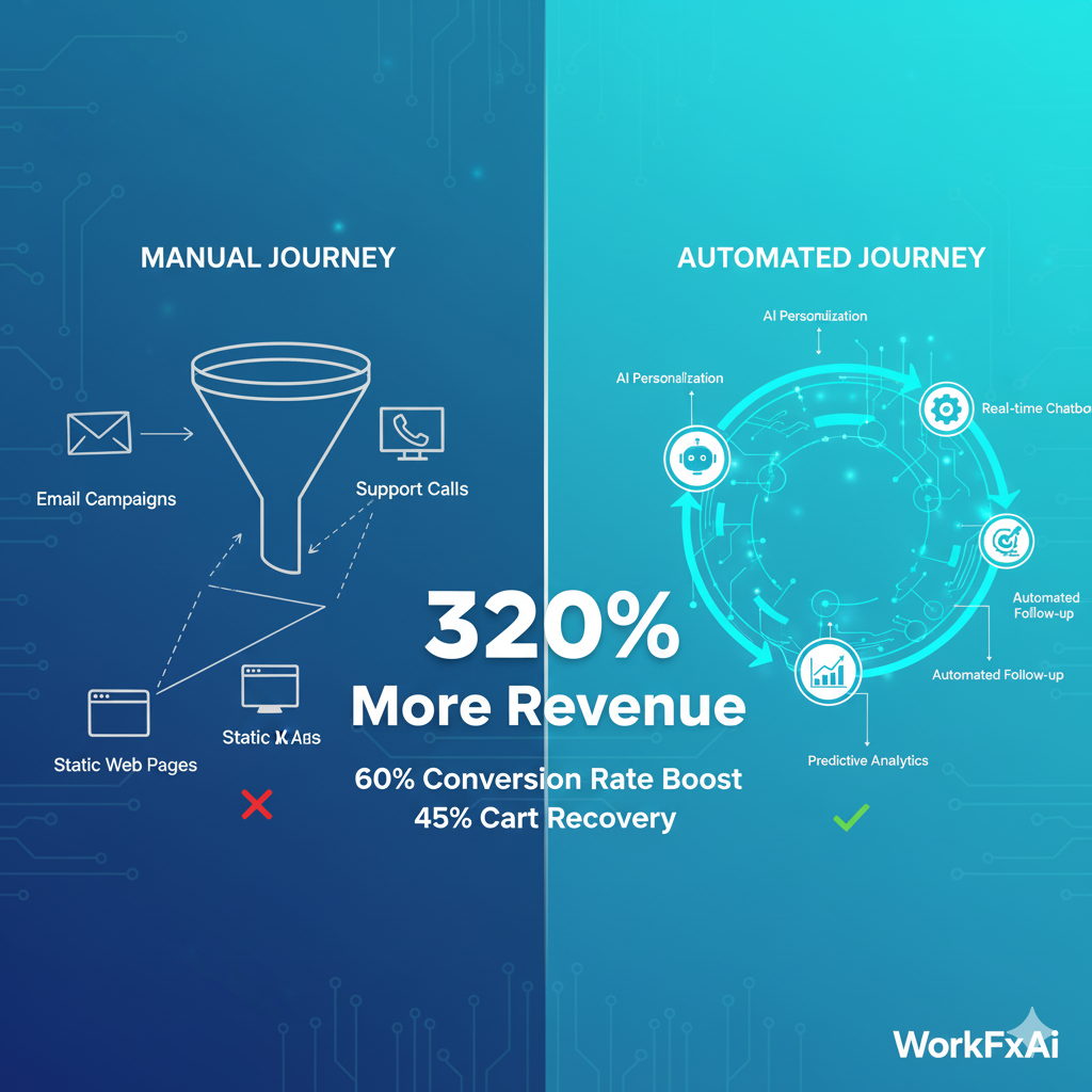 E-commerce customer journey automation comparison showing 320% revenue increase from automated vs manual processes, featuring conversion rate statistics and ROI data for 2025