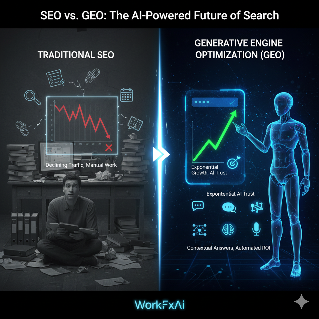 Infographic comparing traditional SEO decline vs GEO growth, showing AI search adoption statistics and the shift toward conversational web optimization strategies in 2025.