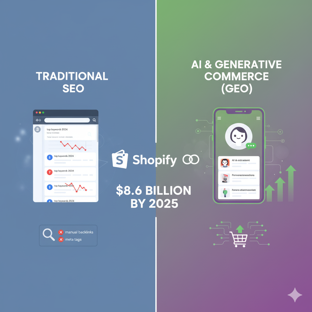 Split image showing traditional SEO decline on left with falling website traffic graphs, and GEO revolution on right with ChatGPT shopping interface and Shopify logo, illustrating the shift from search engine optimization to AI-powered conversational commerce