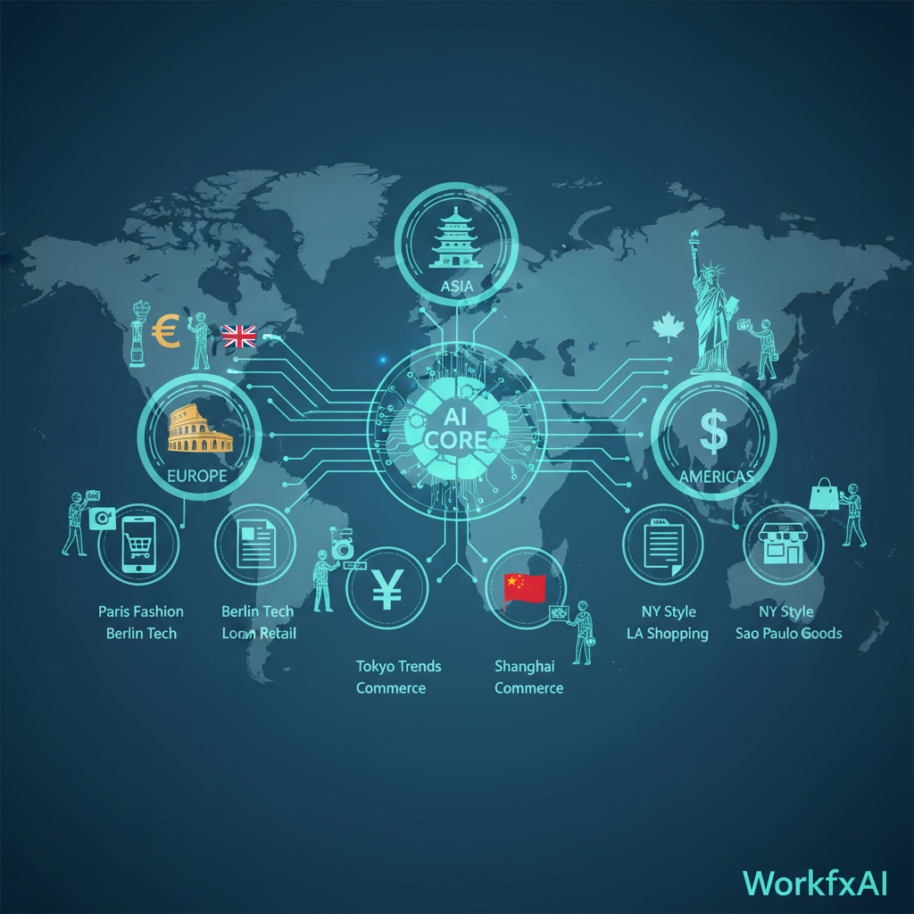 Business illustration showing AI agents network creating localized retail content for global markets with world map background, cultural symbols for different regions (Europe, Asia, Americas), retail commerce icons, and interconnected AI nodes representing automated content creation workflows for cross-cultural GEO optimization