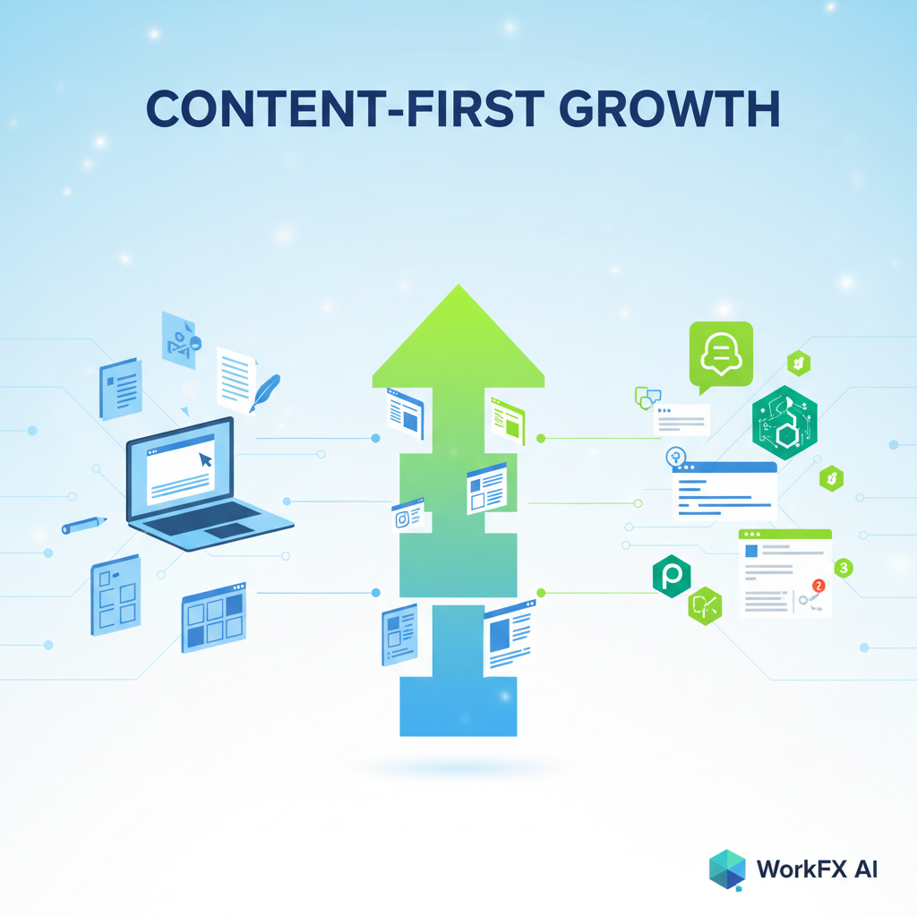 Professional illustration showing content creation elements flowing into an upward growth arrow, connecting to AI engine visibility symbols like ChatGPT, Claude, and Perplexity logos