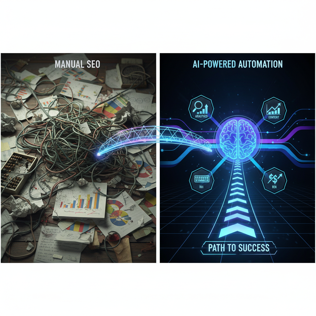 Conceptual image showing a clear roadmap from chaotic manual SEO processes to a streamlined, AI-powered automated workflow, representing a successful GEO and SEO automation implementation with WorkfxAI.