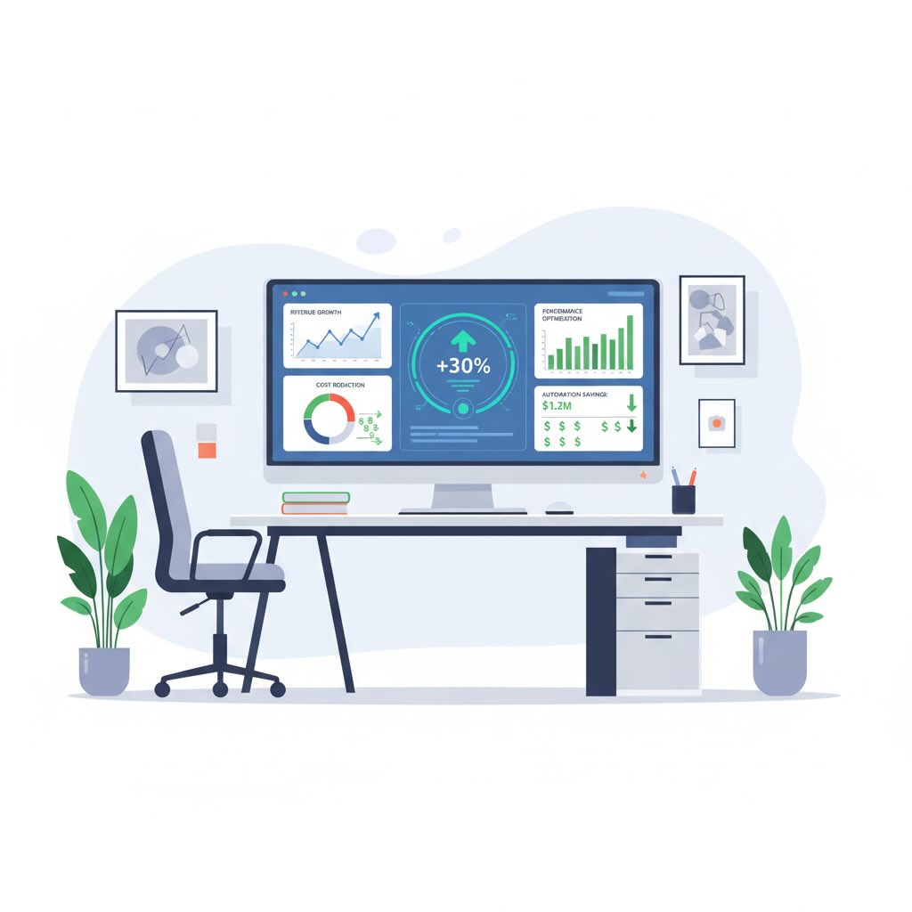 Professional office workspace showing AI dashboard with upward trending graphs, cost reduction metrics, and SEO performance analytics on computer screens