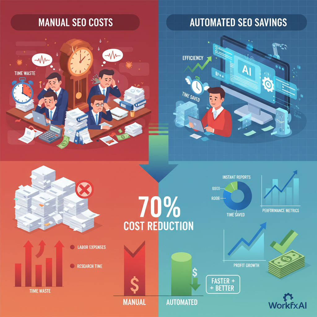 Split-screen business infographic showing manual SEO costs on left with people working with papers and calculators versus automated SEO efficiency on right with AI interfaces and streamlined processes, center displaying cost comparison chart highlighting 70 percent cost reduction through automation, professional corporate design with cost breakdown metrics and productivity indicators