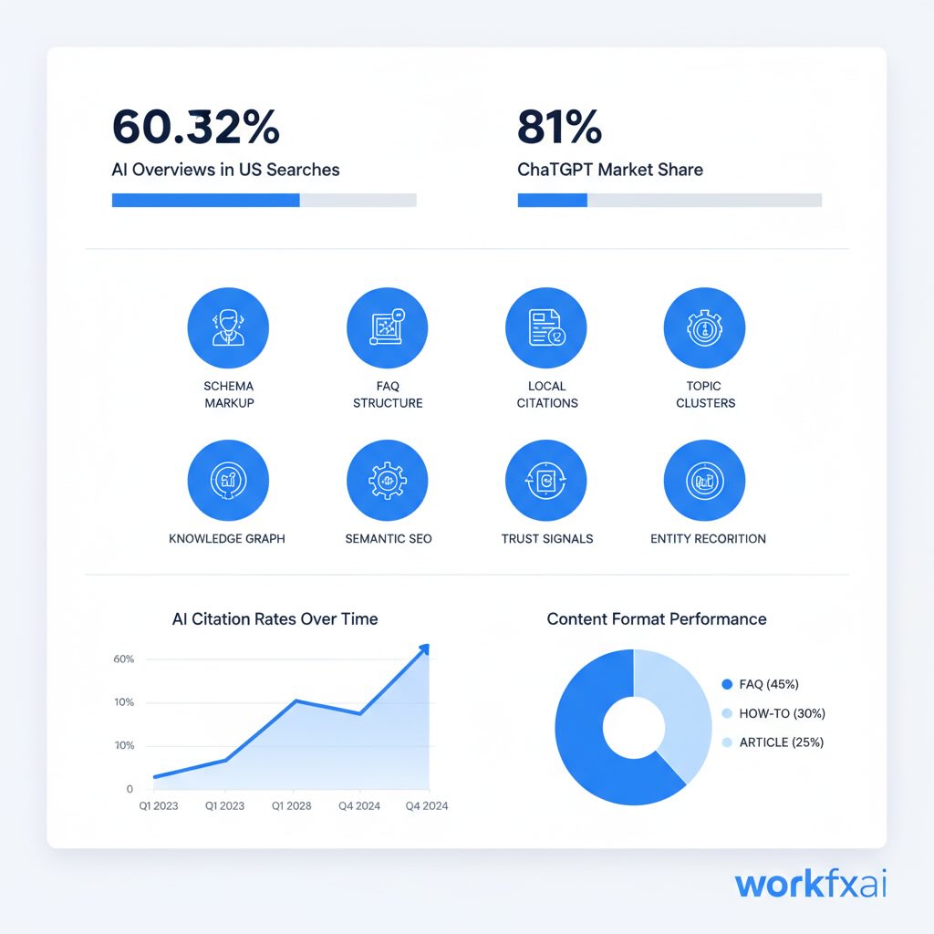 Professional data visualization dashboard featuring AI content statistics, bar charts showing market share data, circular icons representing the 8 pillars of AI-ready content, line graph of citation rates, and pie chart of content format performance, with workfxai branding.