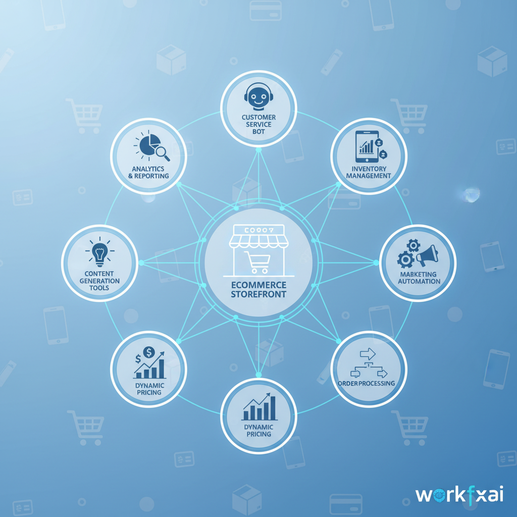 Professional infographic showing automated ecommerce ecosystem with central online store connected to 7 AI agent hubs representing customer service automation, inventory management, marketing campaigns, order processing, pricing optimization, content generation, and analytics, all interconnected with data flow lines and workfxai branding.
