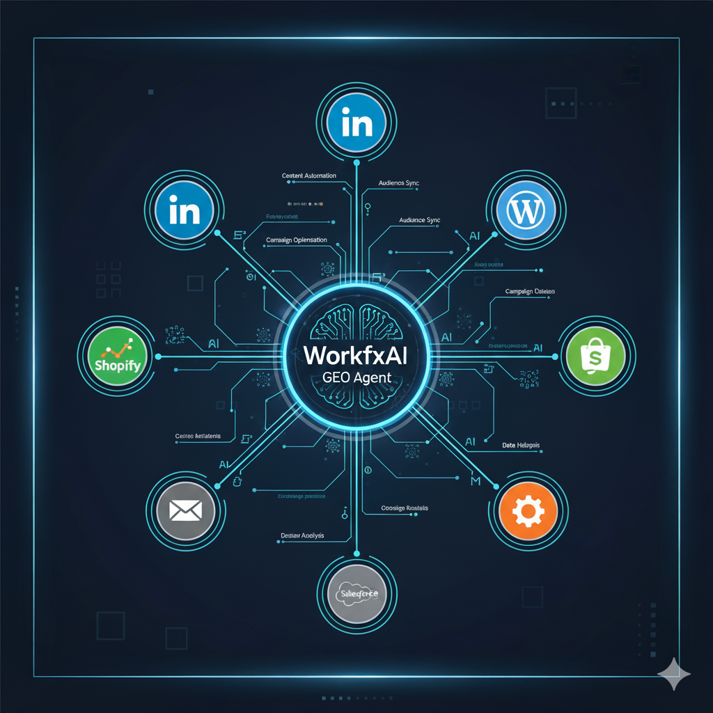 Diagram showing WorkfxAI GEO Agent at center connected to various SaaS platform icons like LinkedIn, WordPress, Shopify, and email marketing tools with flowing automation lines and AI symbols indicating intelligent workflow automation
