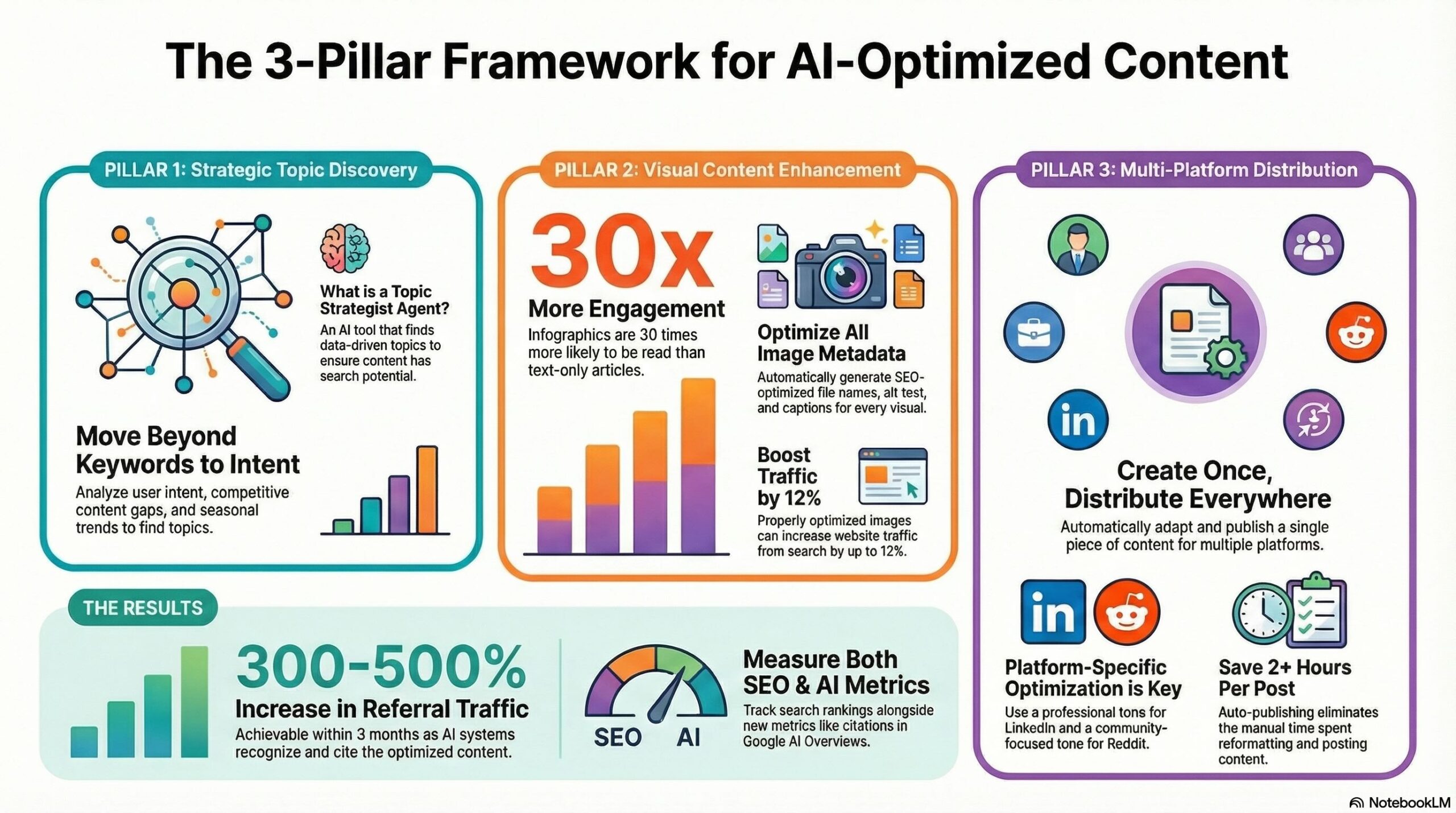 Professional infographic displaying 3-pillar framework for AI-optimized content featuring Pillar 1 Strategic Topic Discovery with magnifying glass and network diagram showing topic strategist agent and intent analysis, Pillar 2 Visual Content Enhancement highlighting 30x more engagement from infographics and 12% traffic boost from optimized images with camera icon, Pillar 3 Multi-Platform Distribution showing LinkedIn Reddit platform icons create once distribute everywhere approach saving 2+ hours per post, bottom section displays results of 300-500% increase in referral traffic with bar chart and SEO AI metrics gauge