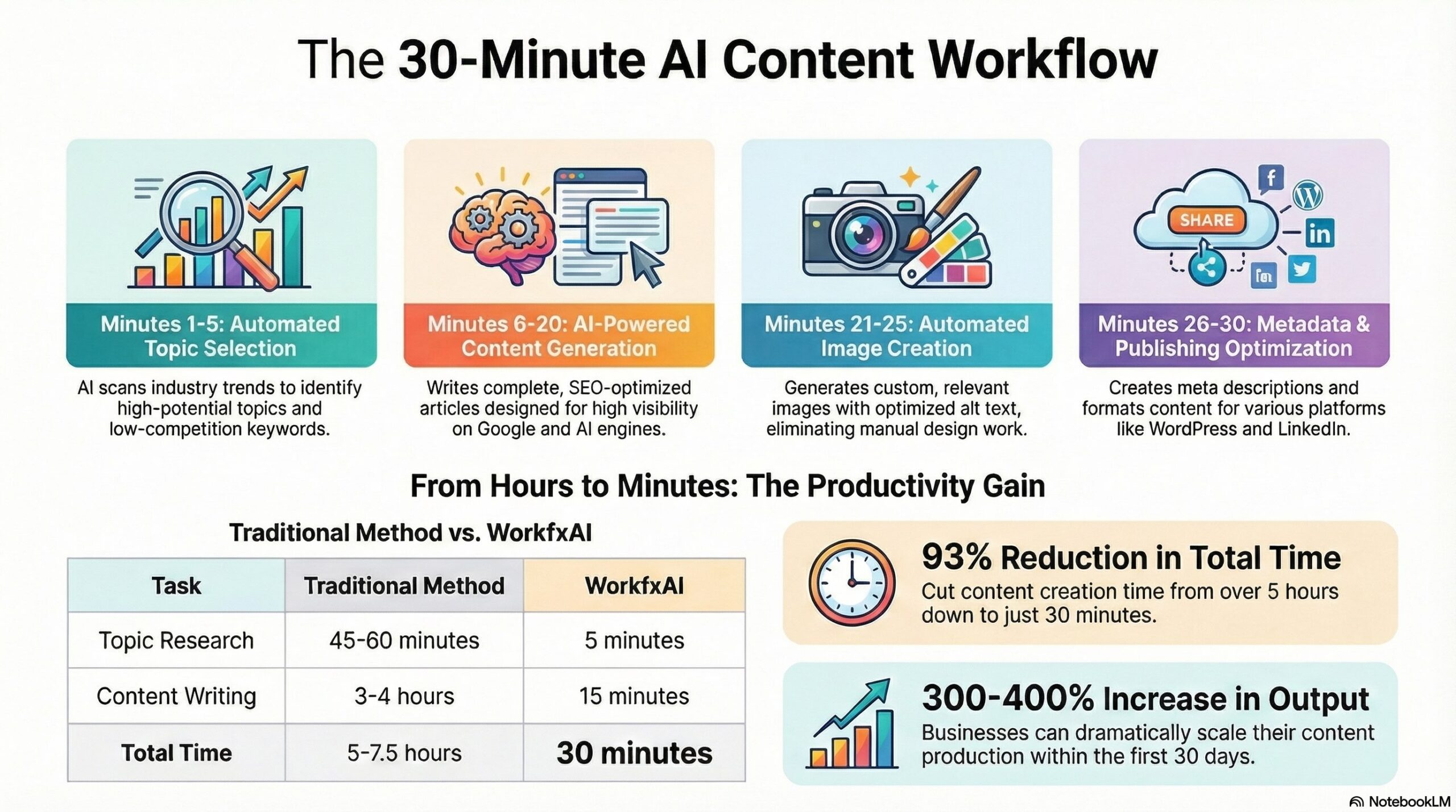 30-minute AI content workflow infographic showing four automated stages: topic selection (1-5 minutes), content generation (6-20 minutes), image creation (21-25 minutes), and metadata optimization (26-30 minutes), with productivity comparison table showing 93% time reduction vs traditional methods