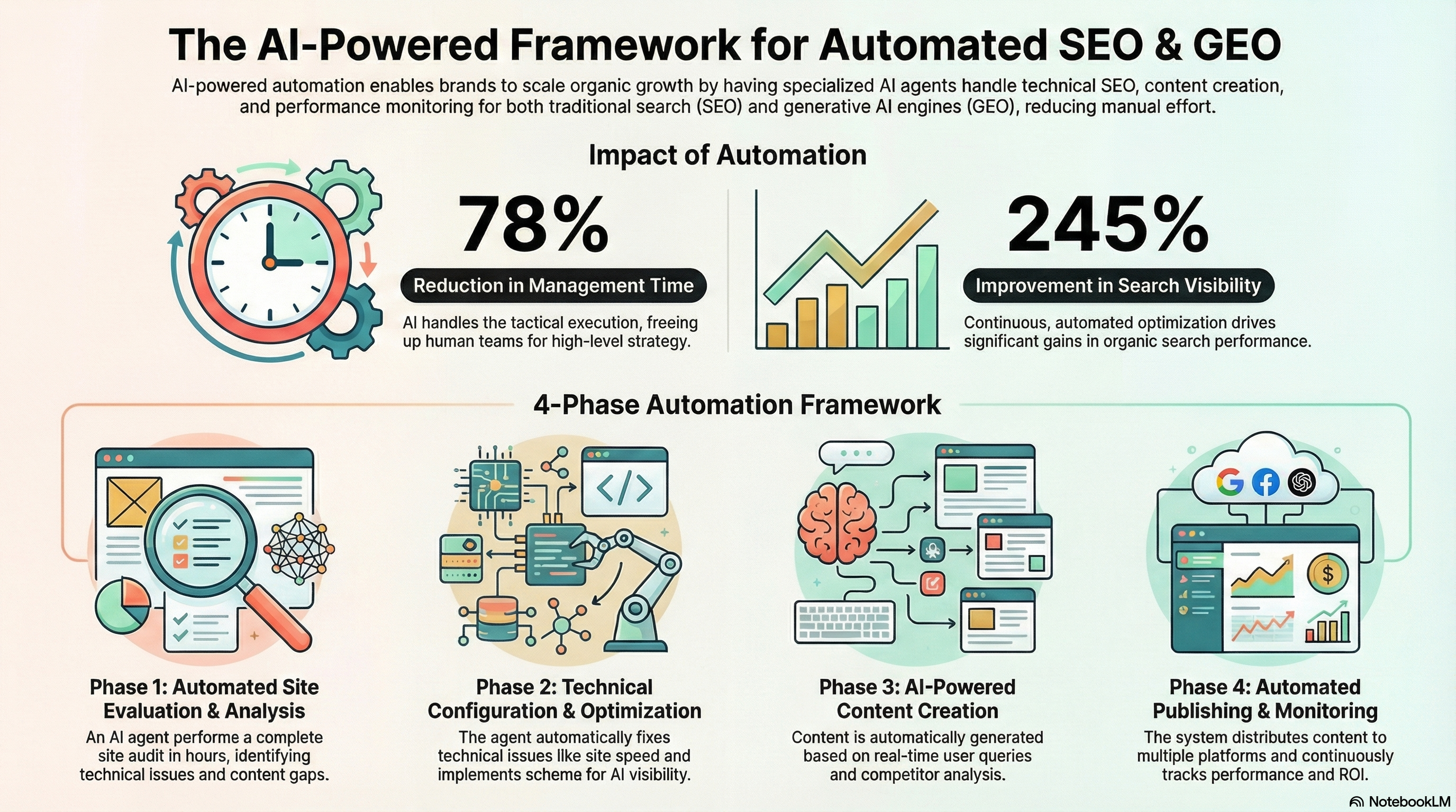 Split-screen infographic titled "Unified vs Separated: The New Rules of SEO & GEO" showing left side problems of separated approach including wasted resources, conflicting strategies, and missed gains, versus right side unified solution featuring 3.2x resource efficiency, future-proof strategy, and dramatically amplified performance metrics with 4.1x visibility increase, 2.8x traffic growth, and 5.2x snippet capture rate, connected by flowing design elements representing integration.