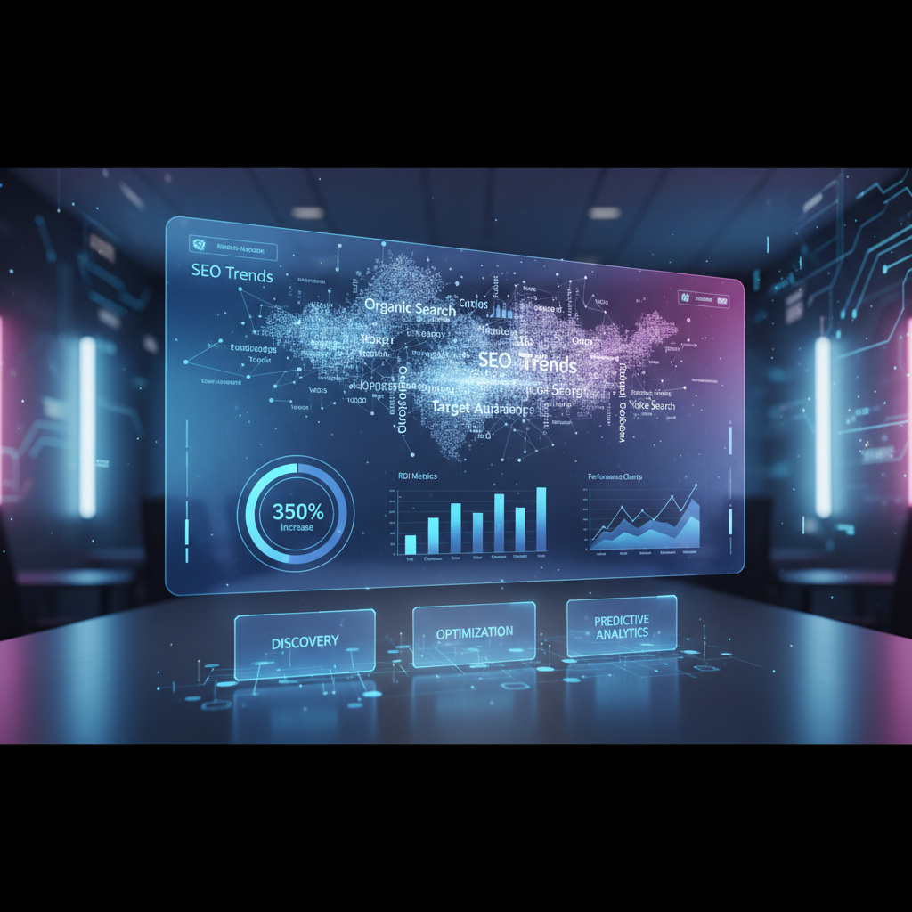 Modern analytics dashboard displaying AI keyword research data with holographic visualizations, performance metrics charts, and ROI scores in blue and purple gradients, representing WorkfxAI's three-category keyword strategy framework.