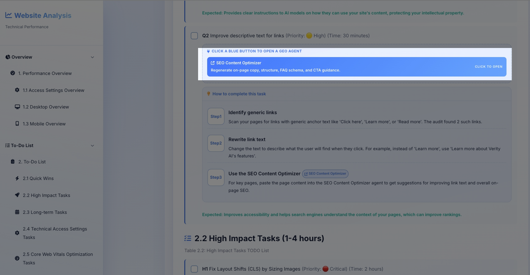 WorkfxAI audit dashboard displaying Q2 task to improve descriptive text for links with High priority and 30-minute timeline. Shows blue SEO Content Optimizer button for regenerating on-page copy and FAQ schema. Includes 3-step completion guide: identify generic links, rewrite link text with specific example, and use SEO Content Optimizer agent for improvements.