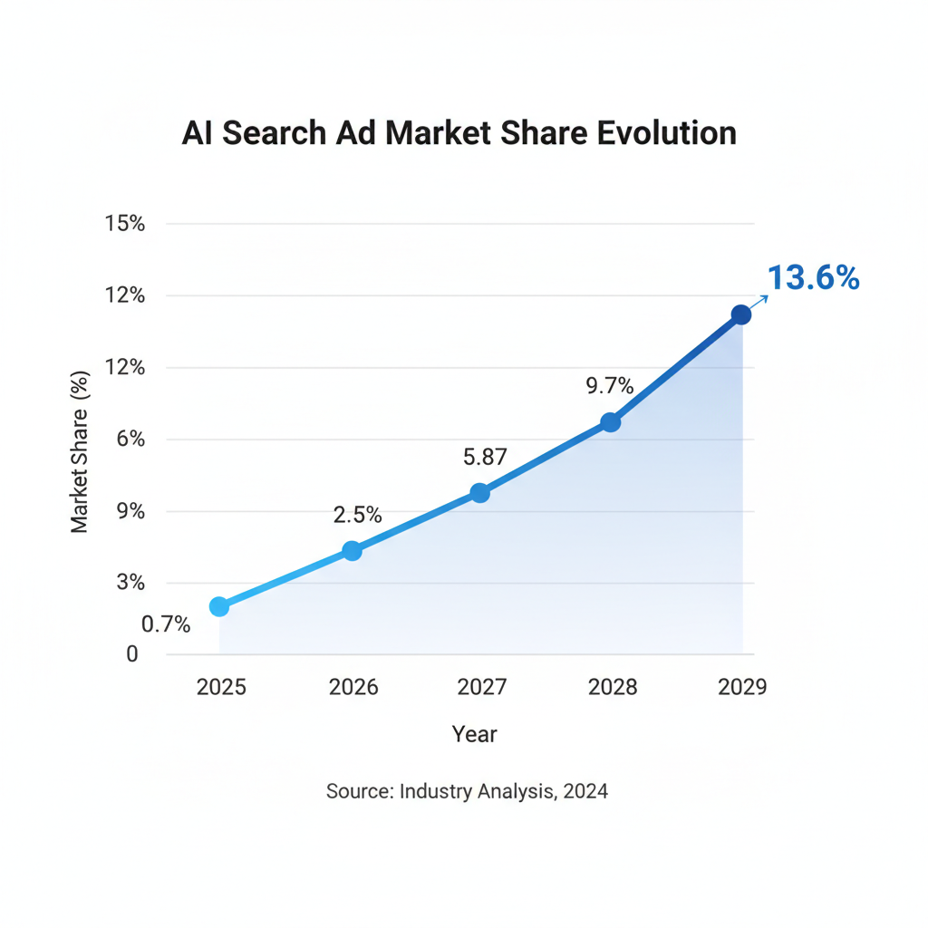 Line chart showing AI search advertising market share evolution growing steadily from 0.7% in 2025 to 13.6% in 2029 of total search advertising spending, demonstrating 20x market penetration growth