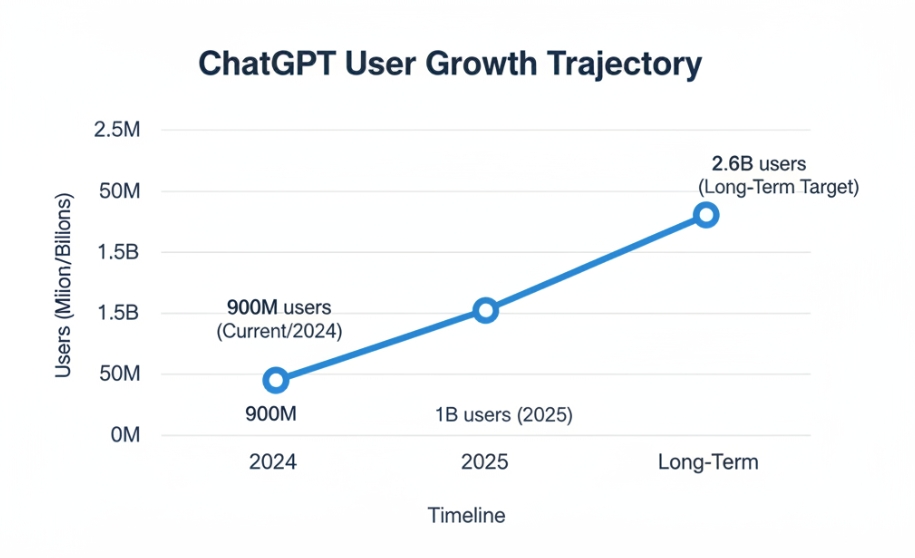 Line chart showing ChatGPT user growth from 900M current users in 2024, to 1B users in 2025, to 2.6B users long-term target, demonstrating exponential growth trajectory for OpenAI advertising platform