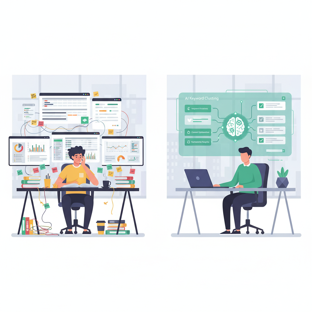 Split-screen comparison showing overwhelmed person doing manual SEO keyword research with multiple screens and spreadsheets versus clean AI automation workspace with streamlined dashboards