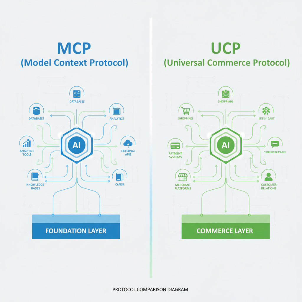 Split-screen technical diagram comparing MCP Model Context Protocol on left side showing AI agent connecting to databases and tools for data access, versus UCP Universal Commerce Protocol on right side showing AI agent connecting to shopping cart, payment systems and merchant platforms for commerce transactions, illustrating complementary architecture of AI agent protocols
