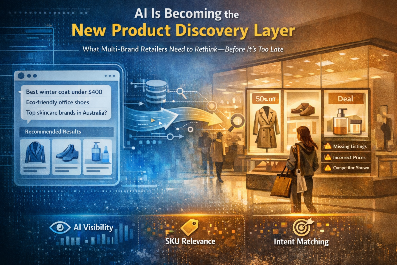 Diagram illustrating how AI platforms like ChatGPT now control product discovery and ranking, reducing retailers to passive data providers unless their product data and ranking logic are AI-ready.