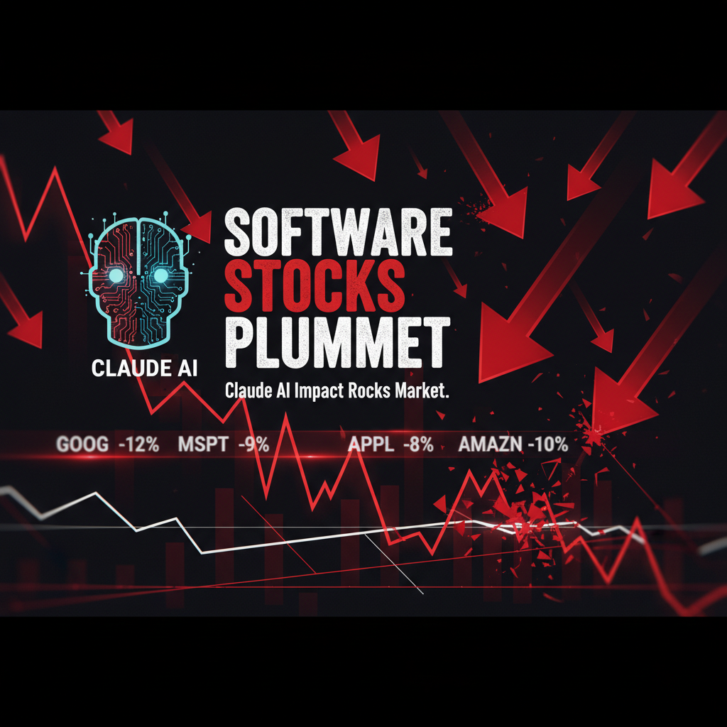 Financial chart showing red declining stock market trends with "Software Stocks Plummet" text overlay and AI technology symbols, illustrating market reaction to Anthropic's Claude 3.5 artificial intelligence release