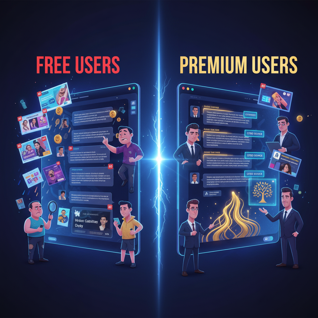 Split-screen illustration showing ChatGPT user experience divide: left side depicts free users surrounded by colorful advertisements and AD badges, right side shows premium users with clean ad-free interface receiving organic search citations and cited source badges, highlighting the marketing gap between user tiers
