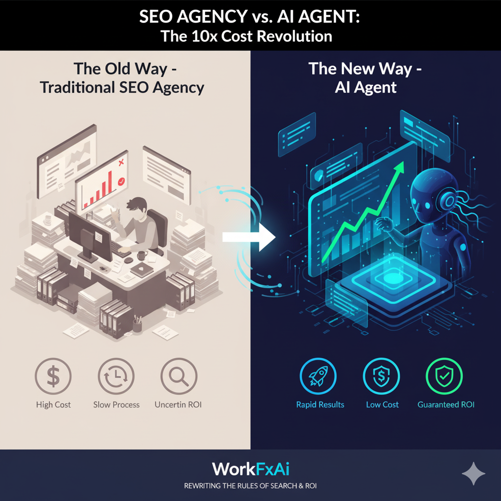 Infographic comparing SEO agency costs ($60K annually) versus AI agent costs ($38K annually) with performance metrics showing AI agents deliver 24/7 automation, instant response times, and unlimited scalability compared to traditional agencies' limited business-hour availability